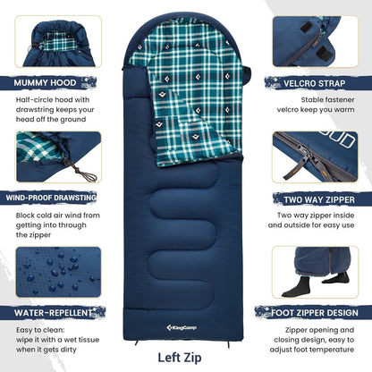 KingCamp Sleeping Bag for Adults, Cold Weather & Warm XL Big and Tall Flannel Sleeping Bags with Compression Sack Portable Waterproof Essentials Gear Accessories for Outdoor Camping