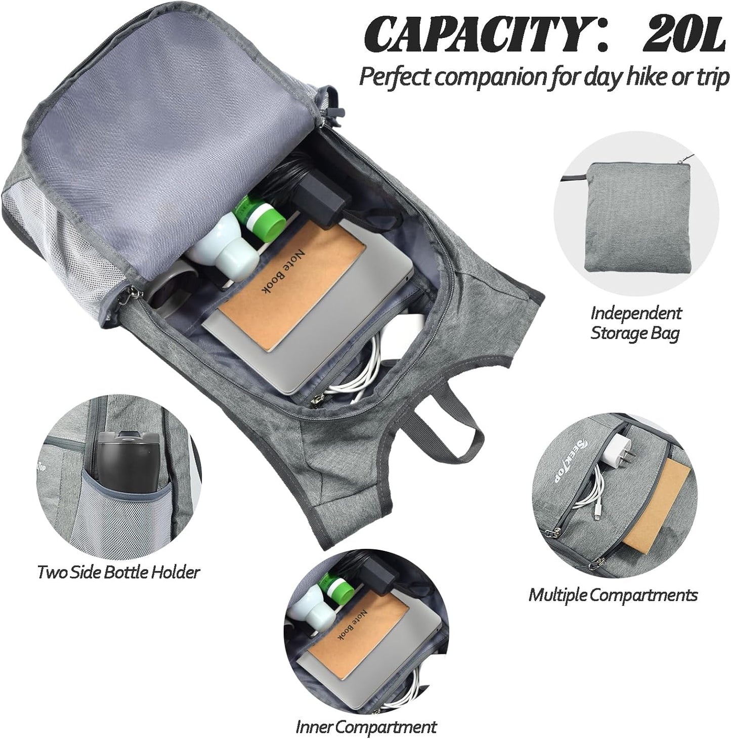 Seektop 20L Hiking Backpack Ultra Lightweight Waterproof Travel Backpack Packable Small Outdoor Bag Foldable Day Pack for Women Men