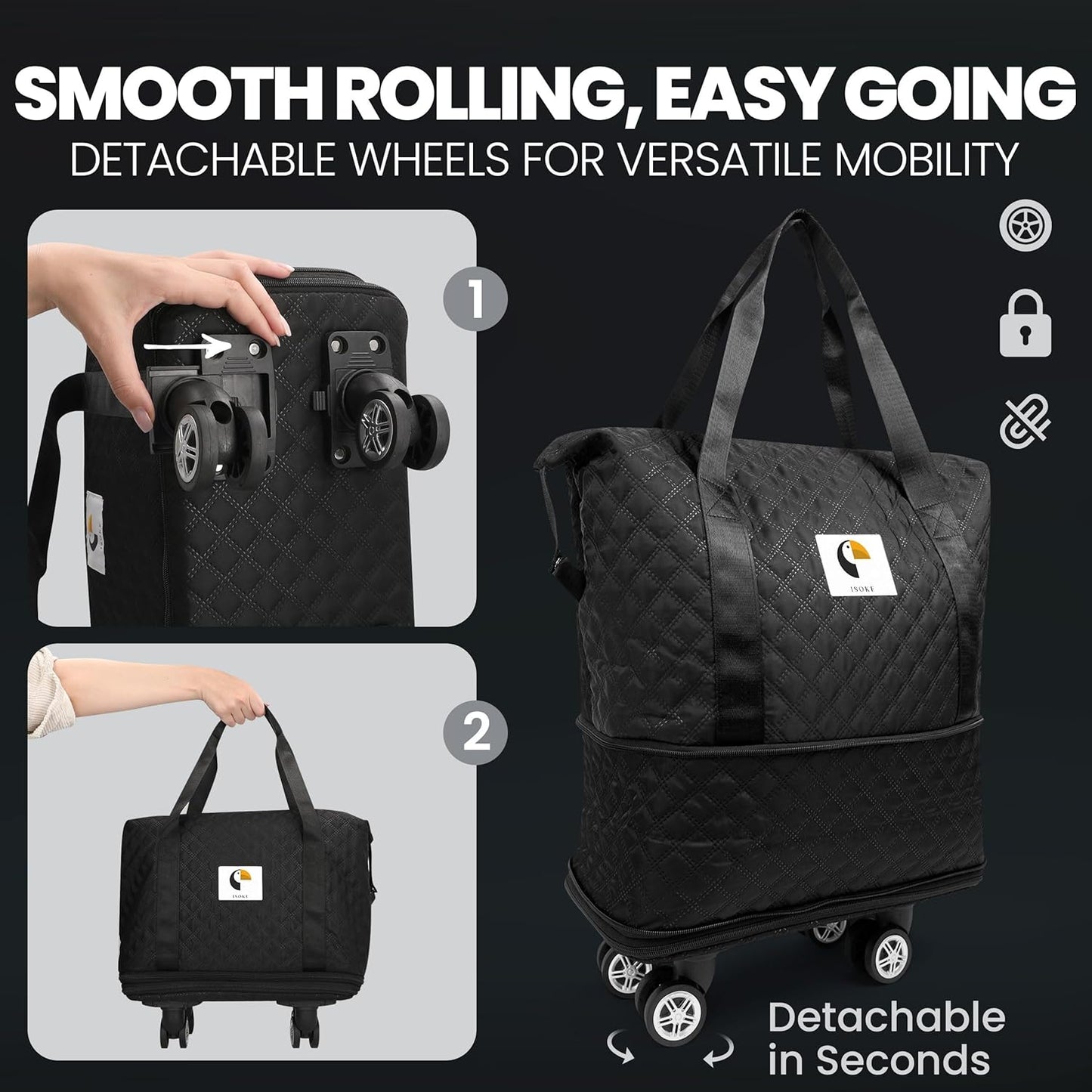 ISOKE Foldable Travel Duffel Bag - TSA Approved - With Wheels & Shoe Compartment - Weekender Bags for Women - Carry On Overnight Bag - Black - 16"×10"×24"