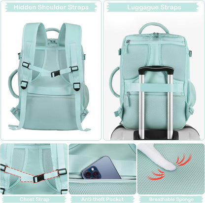 Hanples Carry on Backpack, Laptop Travel Backpack for Women Airline Approved, Personal Item Travel Bag for Men, Casual Daypack Bag for Business Work Weekend with 2 Toiletry Bags (Mint Green)