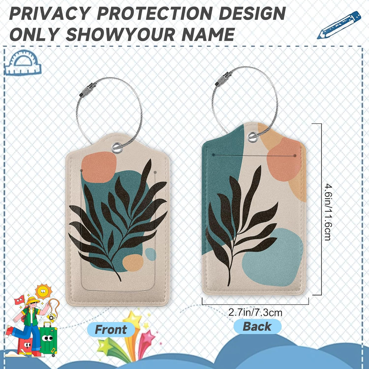 Boho Line Leaves Luggage Tags, 2 Pack Travel Cruise Tags for Suitcases,Cute Identifiers with Privacy Flap, Baggage Tags for Women Men Handbag