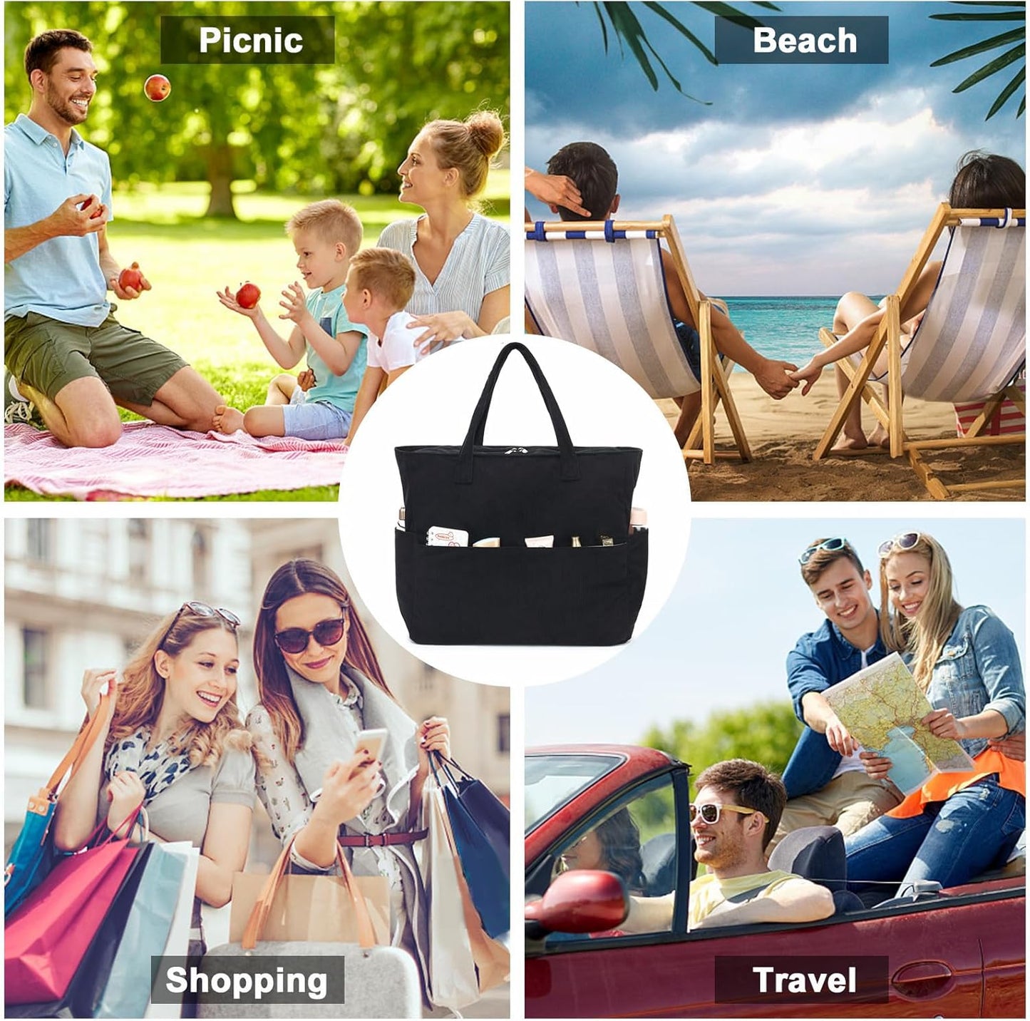 LEDAOU Large Beach Tote Bag Women Waterproof Sandproof Zipper Beach Tote Bag for Pool Gym Grocery Travel with Wet Pocket
