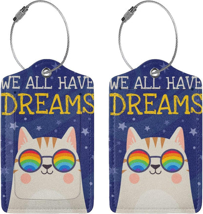2 Cute Cat with Rainbow in Eye Glasses Luggage Tags, We All Have Dreams Encouraging Letters Suitcase Tag Privacy Name ID Card Travel Bag Labels for Friends Adults Kids