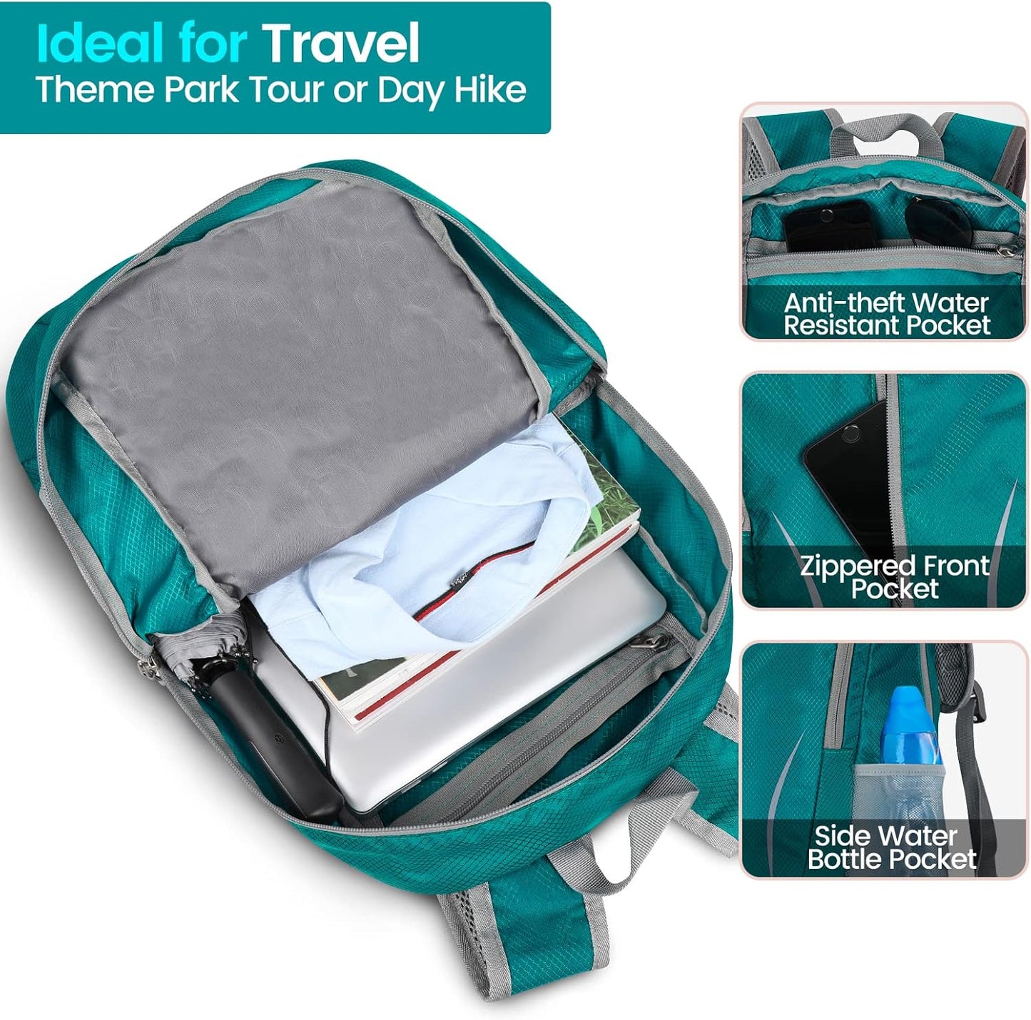 ZOMAKE Ultra Lightweight Packable Backpack 25L, Foldable Hiking Backpacks Water Resistant Small Folding Daypack for Travel(Lake Green)