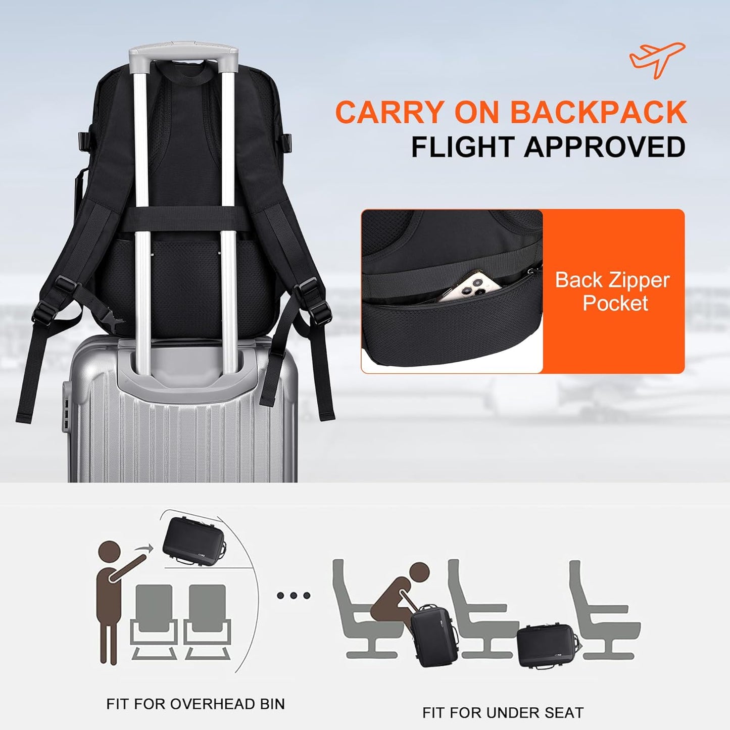 PIJUSHI Travel Backpack for Women Men Expandable Carry on Luggage Backpack Airline Approved Personal Item Laptop Bag(PE034 Black)