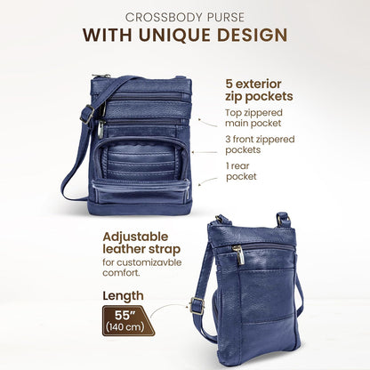 Krediz leather Crossbody Purses for Women, Multi Pocket Crossbody Purse with Adjustable Strap, Soft & Durable Leather Purse