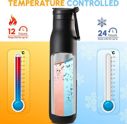 Insulated Stainless Steel Water Bottles with Straw, Wall Vacuum Insulated Water Bottle with Straw for Gym Traveling Camping Hiking Outdoor Activity(2 Cleaning Brushes+1 Carabiner, 26 oz Black)