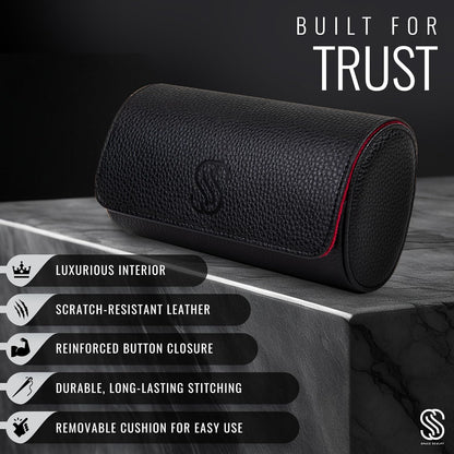 2 Watch Travel Case for Men – Bold Faux Leather Organizer for Smart & Luxury Timepieces - Portable Travel Watch Holder - Ideal Gift for Men with Premium Gift box (Black & Wine)