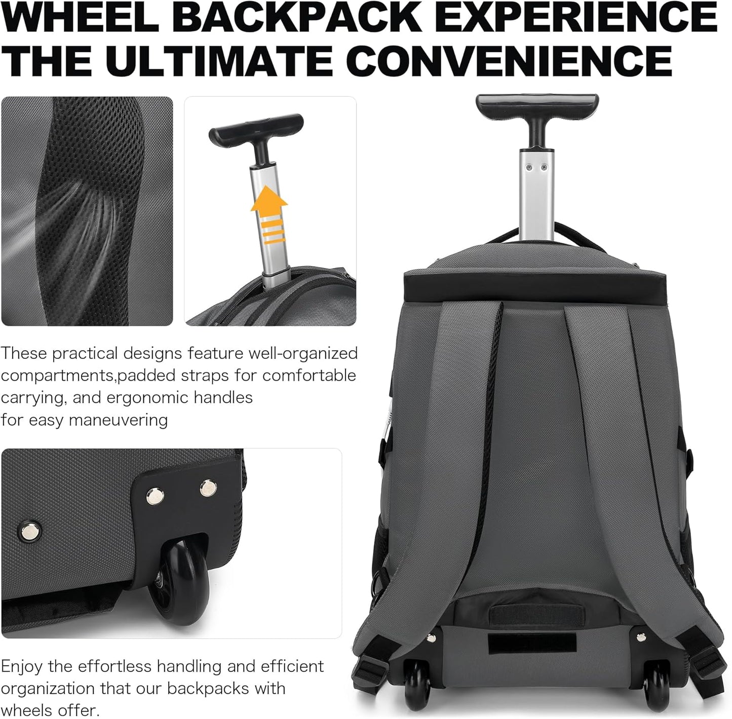 Boavan Rolling Backpack,17 inch Water Resistant Wheeled Backpack,Carry on Luggage Business Bag, Overnight College Computer bag Trolley Suitcase for Men Women Adults to Travel，Grey