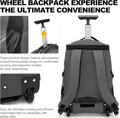 Boavan Rolling Backpack,17 inch Water Resistant Wheeled Backpack,Carry on Luggage Business Bag, Overnight College Computer bag Trolley Suitcase for Men Women Adults to Travel，Grey