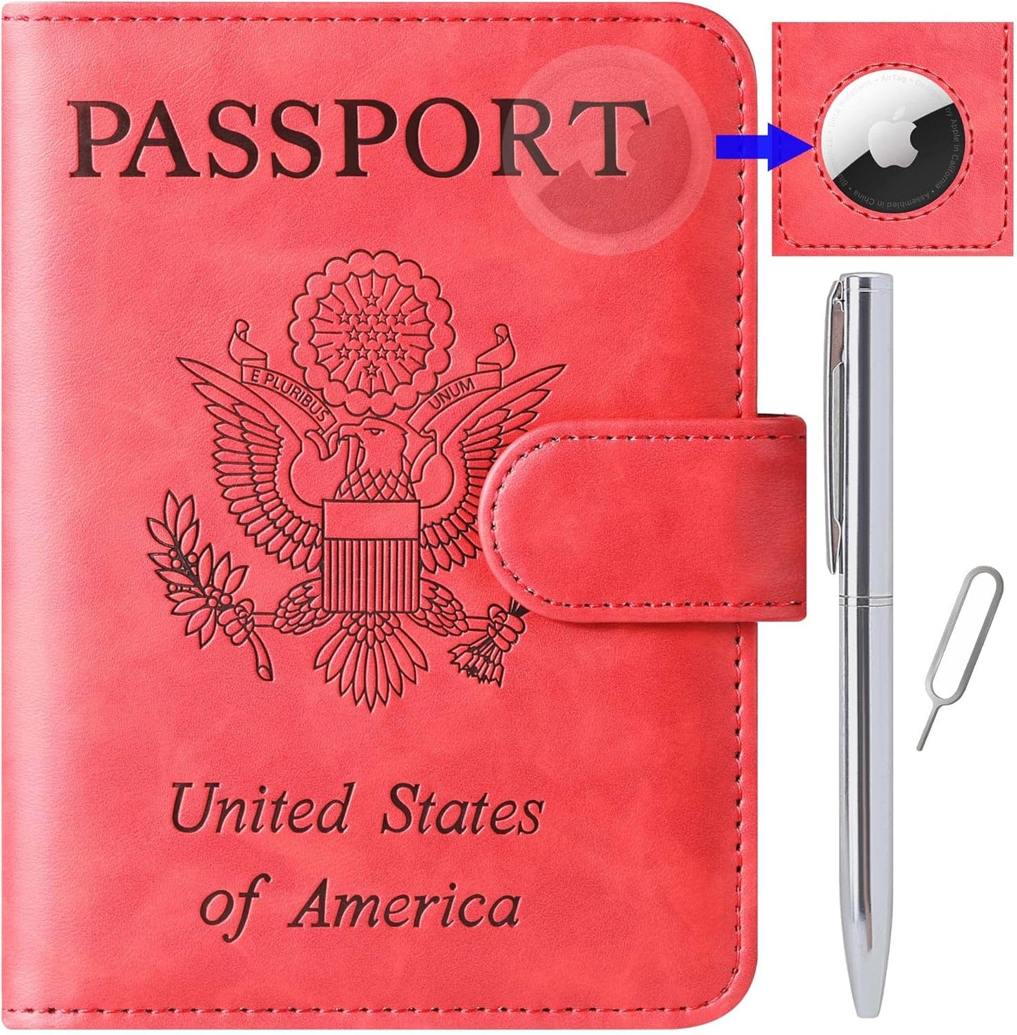Airtag Passport Holder Cover Wallet Travel Essentials Leather Rfid Blocking Case Vacation Luggage Must Haves Travel Accessories for Men Women (117#Red)