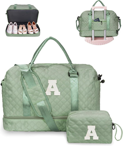 Bridal Shower Gifts, Gifts for Women-Initial Travel Bag with Shoe Compartment, Personalized Weekender Bag, Monogram Overnight Bag for Women, Letter Travel Bag with Makeup Bag (Letter A)