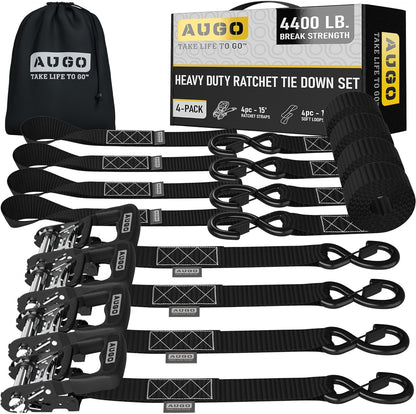 AUGO Heavy Duty Ratchet Straps & Soft Loops – Pack of 4 Extra Strong 1.5” by 15’ Ratchet Straps w/S-Hook Safety Latches & 4 Soft Loop Tie Downs – 4400Lb Break Strength for Motorcycles, ATVs, Etc.
