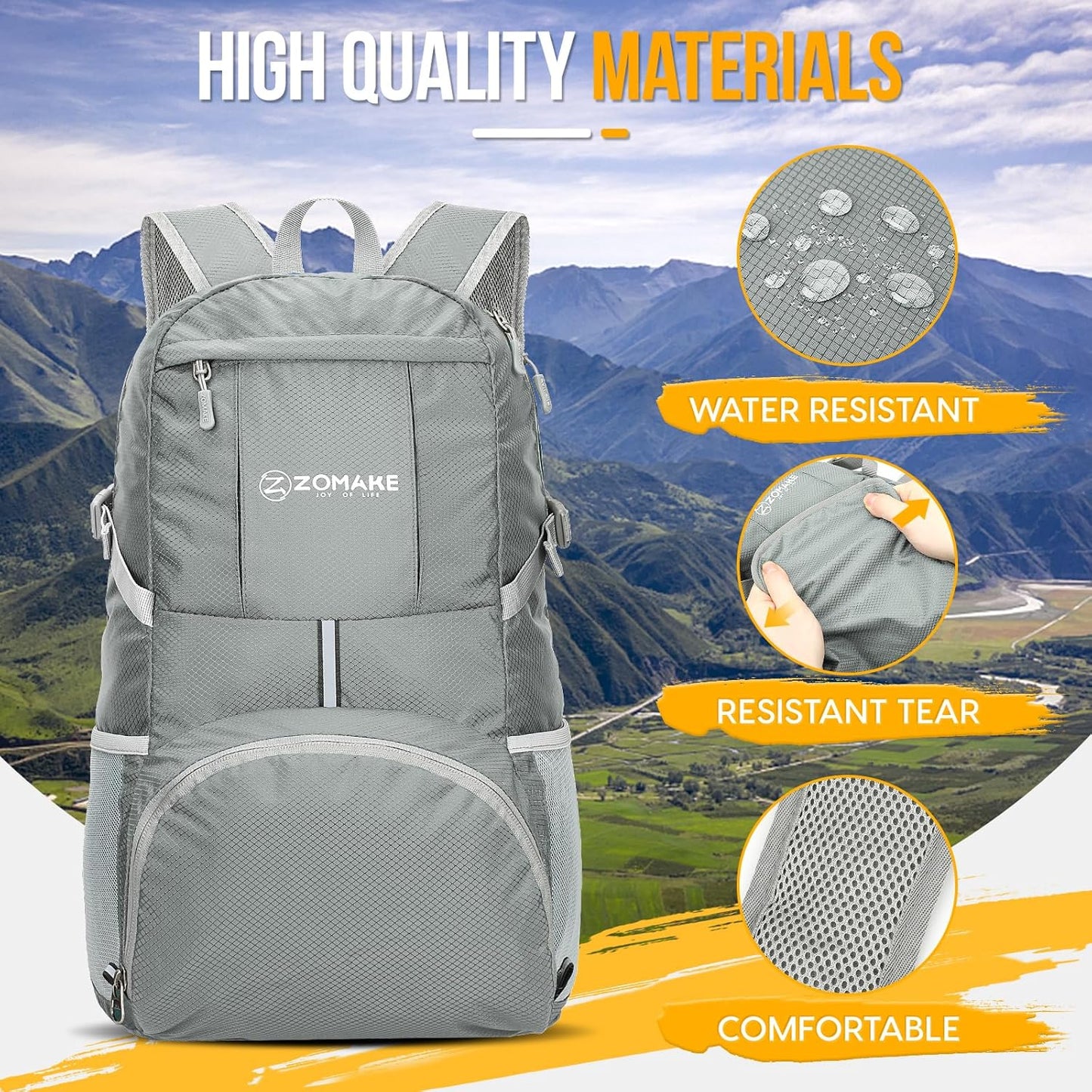 ZOMAKE Lightweight Packable Backpack 35L, Light Foldable Backpacks Water Resistant Collapsible Hiking Bag, Compact Folding Day Pack for Travel Camping(Sliver Grey)
