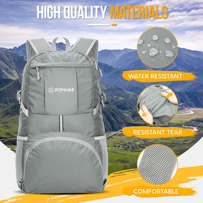 ZOMAKE Lightweight Packable Backpack 35L, Light Foldable Backpacks Water Resistant Collapsible Hiking Bag, Compact Folding Day Pack for Travel Camping(Sliver Grey)
