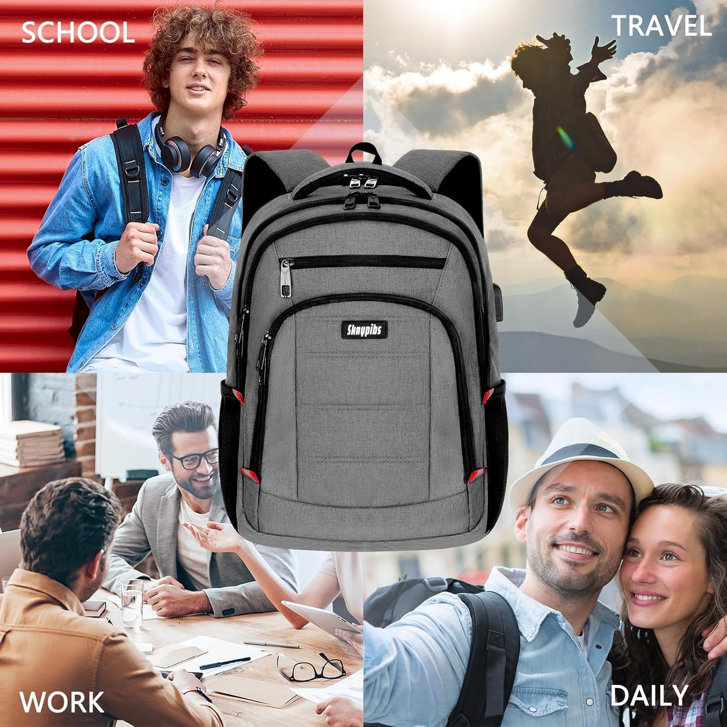Backpack for Men Women, Travel School Backpacks for Teen Boys, Bookbag with USB Charging Port, Anti Theft College Students Backpack Fits 15.6 Inch Laptop, Casual Work Business Back Pack, Grey