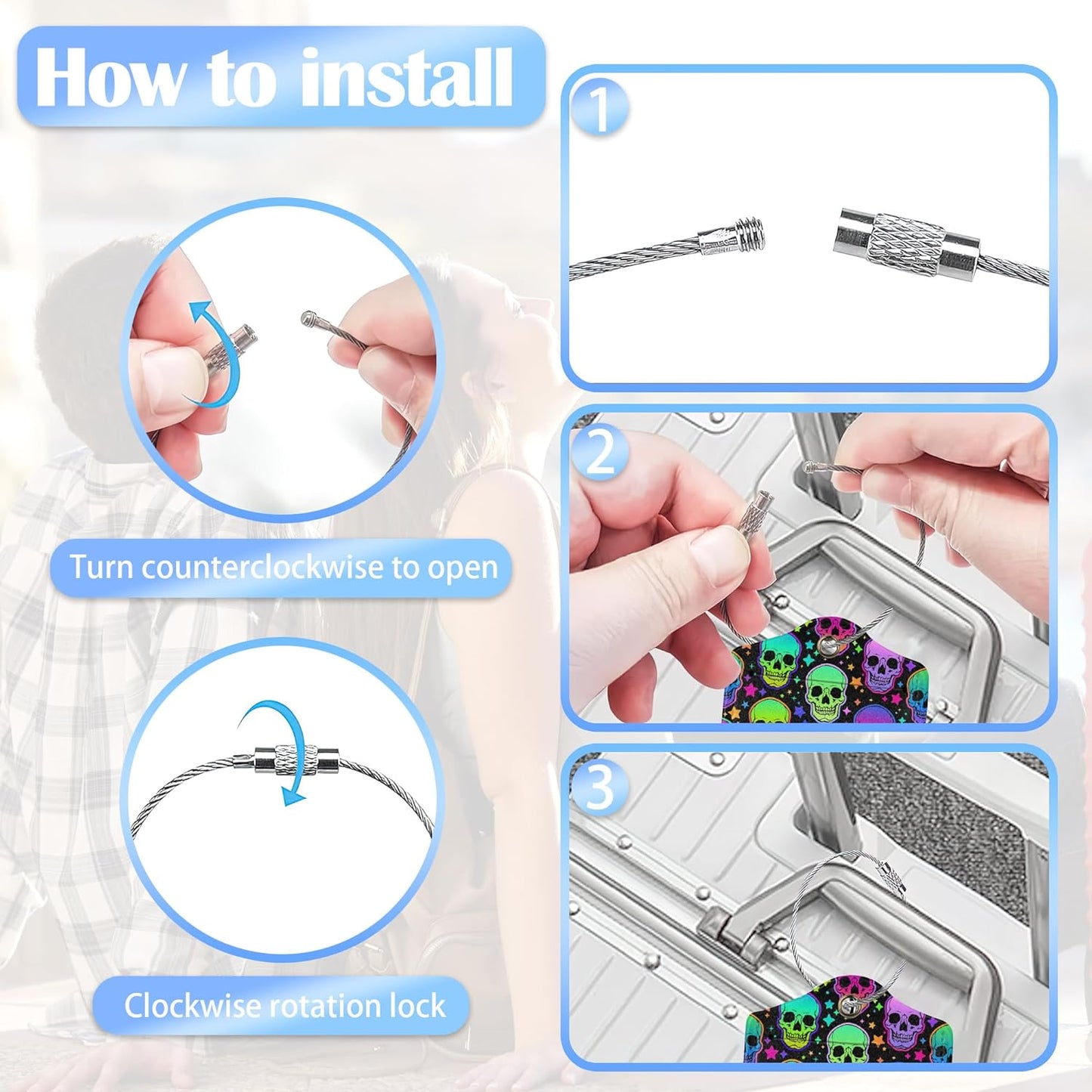 Neon Bright Human Skulls 2 PCS Luggage Tags, Privacy Cover ID Label with Stainless Steel Loop and Address Card for Travel Bag Suitcase