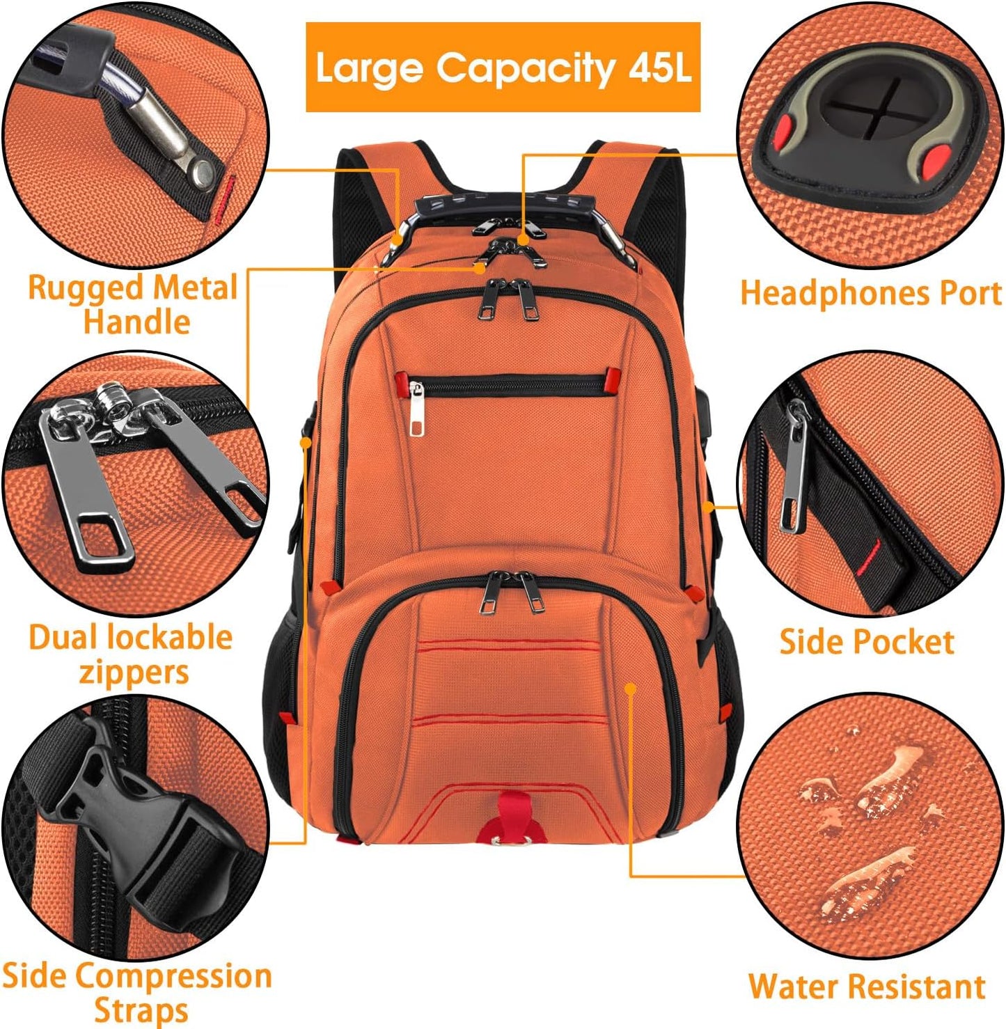 Extra Large 50L Travel Laptop Backpack, Computer bag Backbag with USB Charging Port, TSA Friendly Durable Big RFID Heavy Duty Business Tech Backpack Fits 17 Inch Laptops for Men Women, Orange