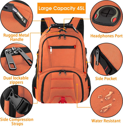 Extra Large 50L Travel Laptop Backpack, Computer bag Backbag with USB Charging Port, TSA Friendly Durable Big RFID Heavy Duty Business Tech Backpack Fits 17 Inch Laptops for Men Women, Orange