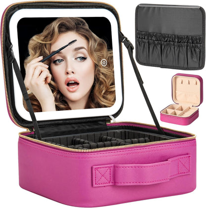 Makeup Travel Train Case with Mirror LED Light 3 Adjustable Brightness Large Cosmetic Bag Portable Storage Adjustable Partition Waterproof Makeup Brushes Make up Jewelry Gift for Women