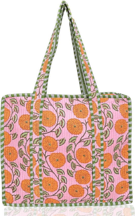 Cotton Quilted Tote Bag for Women – Large Beach & Travel Tote with Zipper, Reusable Grocery Bag