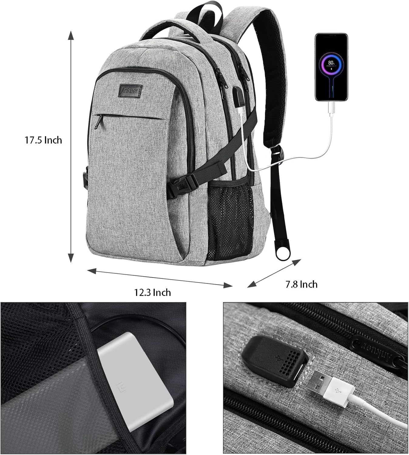 ANKUER Backpacks for Men Women, Backpack Fits Up 15.6 in Laptop Backpack for Travel, Backpacks with USB Charging Port, Work Business Backpack for Women (Grey)
