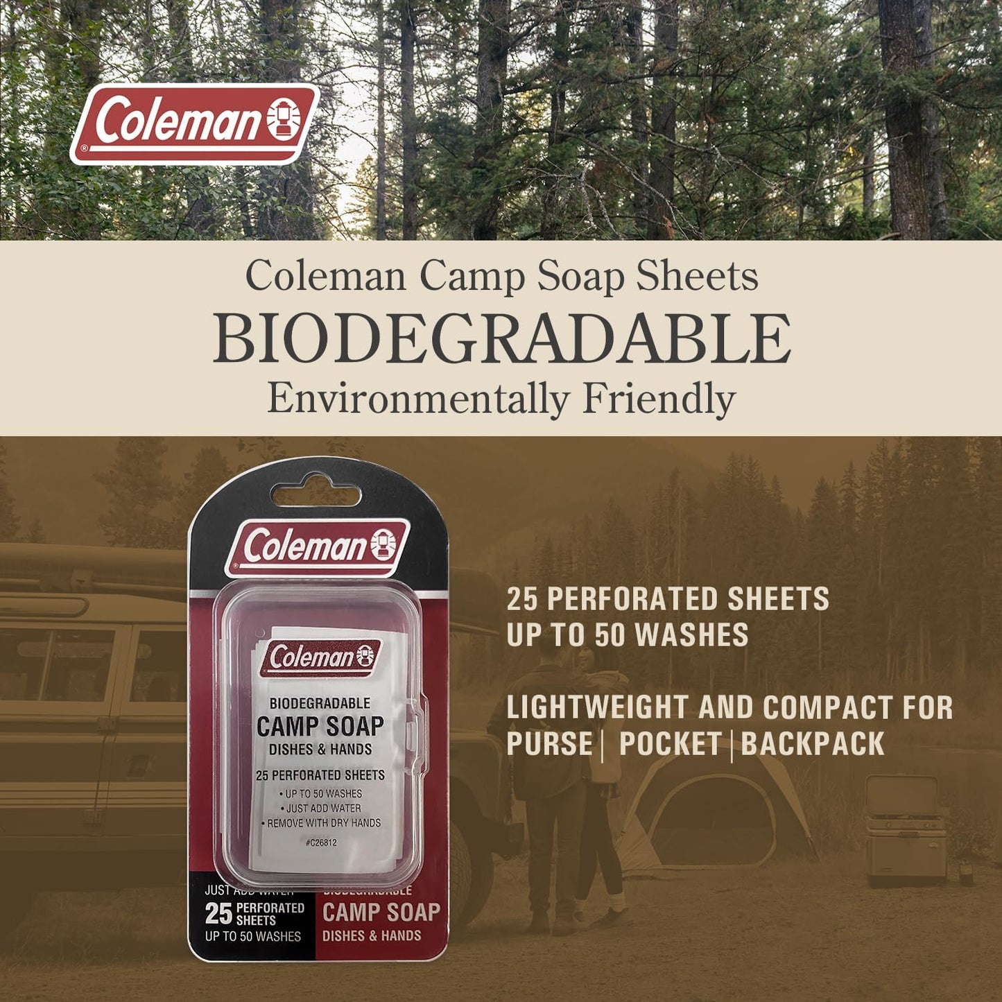 Coleman Camp Soap Sheets – 25 Travel Soap Sheets for Camping, Hiking & Backpacking – Perforated for 50 Washes, Dissolves Instantly in Hot or Cold Water, TSA-Approved for Travel