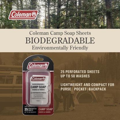 Coleman Camp Soap Sheets – 25 Travel Soap Sheets for Camping, Hiking & Backpacking – Perforated for 50 Washes, Dissolves Instantly in Hot or Cold Water, TSA-Approved for Travel