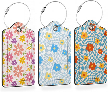 3 Pcs Luggage Tag for Suitcases,Flowers Hippie Wavy Swirl Checkered Leather Baggage Tags Identifiers for Travel,Privacy Protection Travel Bag Labels Suitcase Tags for Women Men