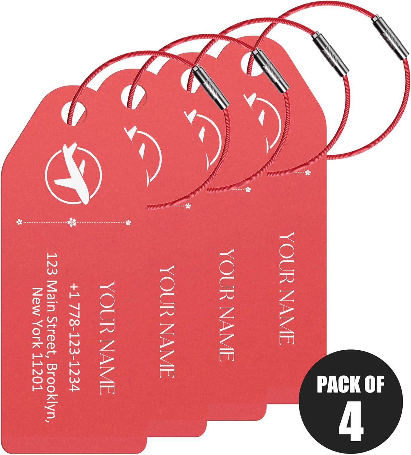 4 PCS Personalized Metal Luggage Tag – Personalized Engraved Suitcase Tag, Backpack Tag, with Matching Color Strap, Waterproof Suitcase Name Badge – Ideal Corporate Gift & Travel Accessory (Red)