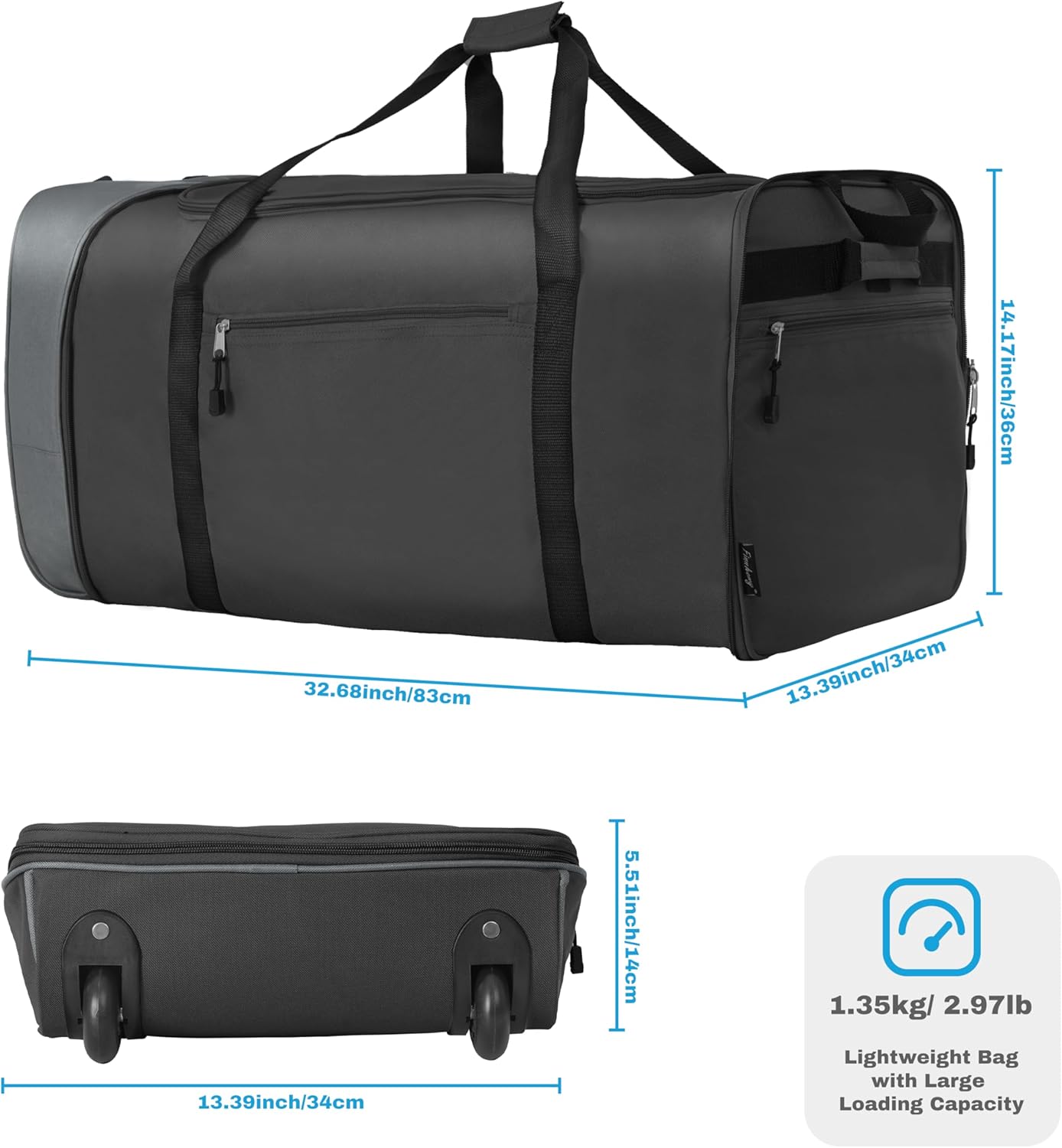 Finnhomy 100L Foldable Rolling Duffel Bag with 2 Wheels, Light Weight Travel Duffel bag with Large Loading Capacity, 32 inch Rolling Duffel bag with Shoulder Strap for Travel Camping Sports