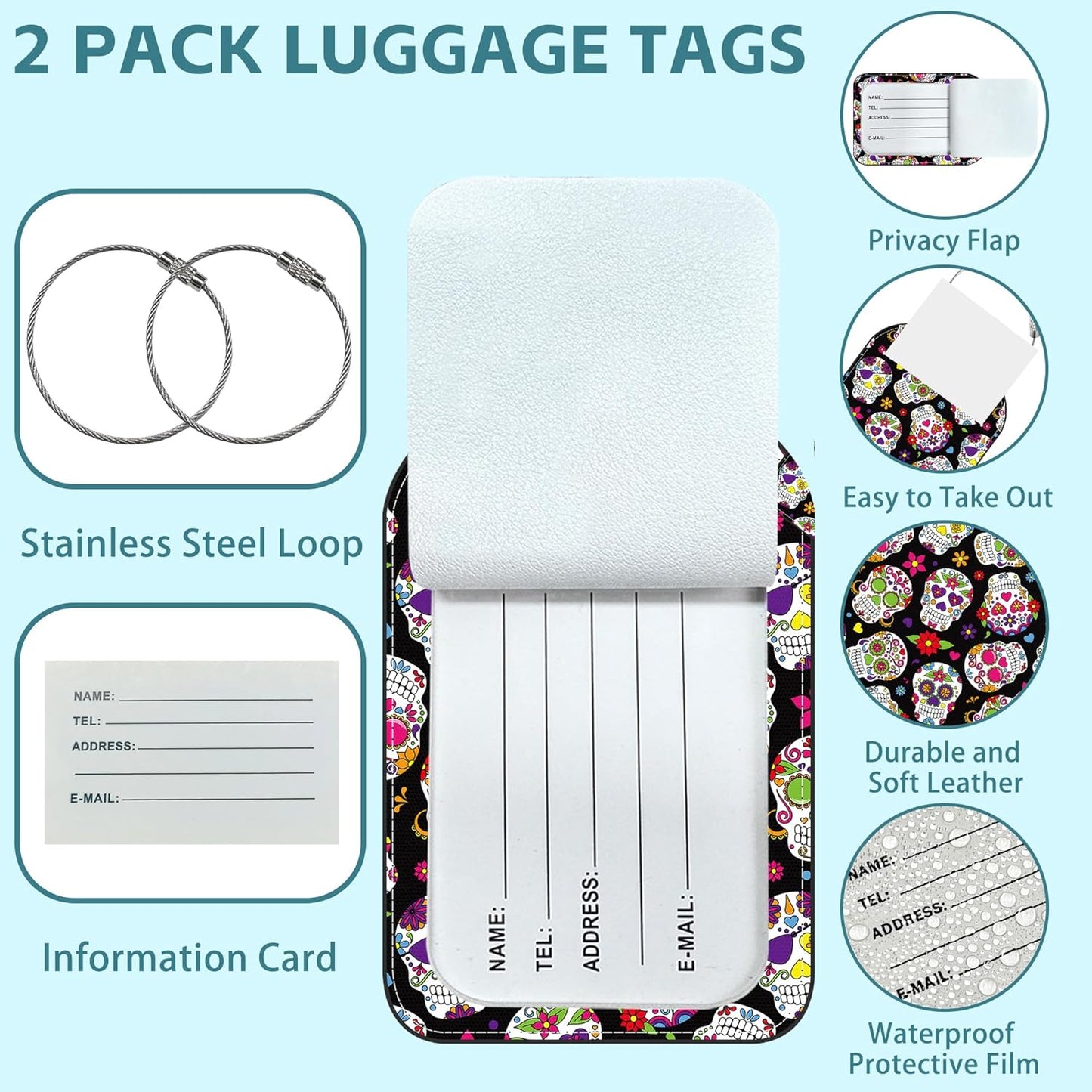 2 Pack Cute Luggage Tag for Suitcases Day of The Dead Sugar Skull Leather Luggage Tags with Stainless Steel Loop Privacy Flap Name Tags,Men and Women Travel Bag Suitcase Tags