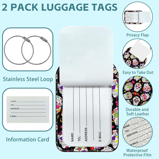 2 Pack Cute Luggage Tag for Suitcases Day of The Dead Sugar Skull Leather Luggage Tags with Stainless Steel Loop Privacy Flap Name Tags,Men and Women Travel Bag Suitcase Tags