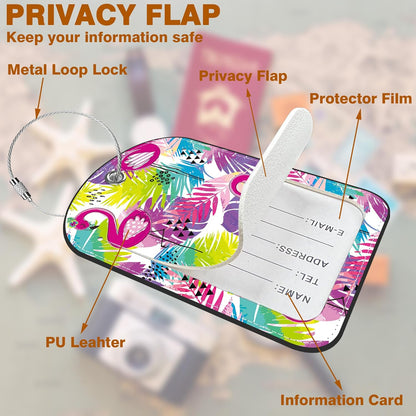 2 PCS Leather Luggage Tag for Suitcase Tropical Leaf and Flamingo Travel Suitcase Labels with Privacy Name ID Label and Stainless Steel Loop for Adults Teens Travel Bag Labels Set