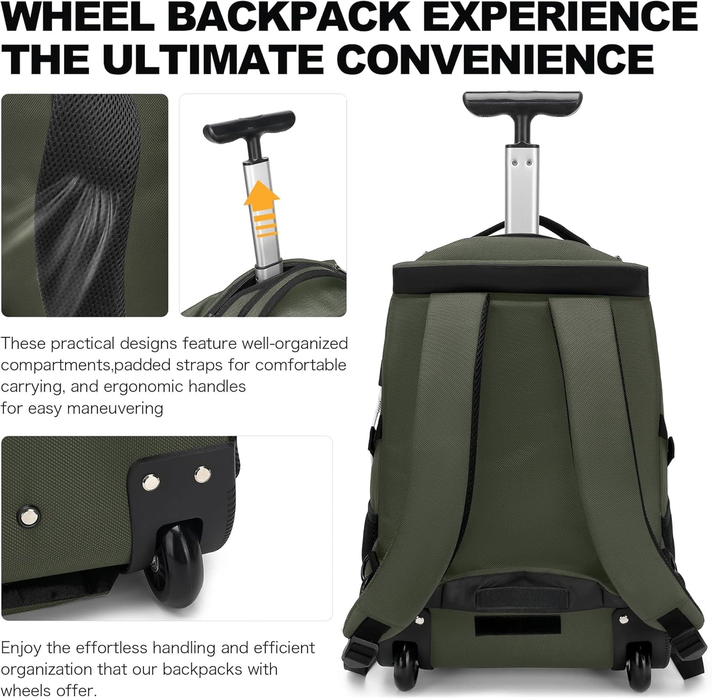 Boavan Rolling Backpack,17 inch Water Resistant Wheeled Backpack,Carry on Luggage Business Bag, Overnight College Computer bag Trolley Suitcase for Men Women Adults to Travel，Green