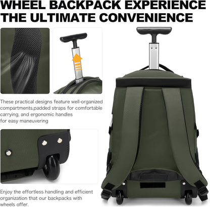 Boavan Rolling Backpack,17 inch Water Resistant Wheeled Backpack,Carry on Luggage Business Bag, Overnight College Computer bag Trolley Suitcase for Men Women Adults to Travel，Green