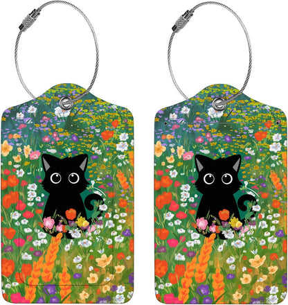2 Pcs Luggage Tags for Suitcase, Cute Unique PU Leather Travel Bag Tag with Privacy Cover ID Label Address Card and Durable Metal Ring Suitable for Men Women Children Backpack,Black Cat On A Flower