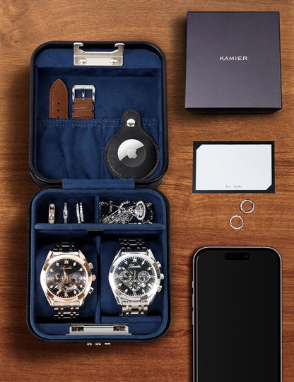 KAMIER Watch Travel Case with Combination Lock - 2 Watch Storage and Jewelry Organizer - Watch Case for Ring and Watch Storage, PU Leather Travel Watch Case, Ideal for Gift (With Gift Box) (Black)