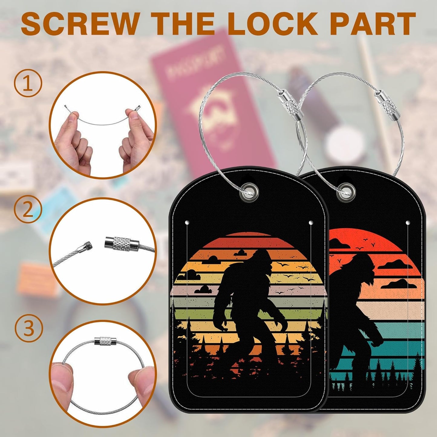 2 Pack PU Luggage Tags for Suitcase, Sasquatch Sunset Suitcase Tag Leather ID Label Bag Tags with Privacy Cover and Metal Loop for Men Women Travel Bag