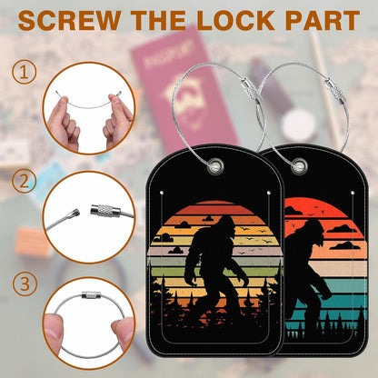 2 Pack PU Luggage Tags for Suitcase, Sasquatch Sunset Suitcase Tag Leather ID Label Bag Tags with Privacy Cover and Metal Loop for Men Women Travel Bag