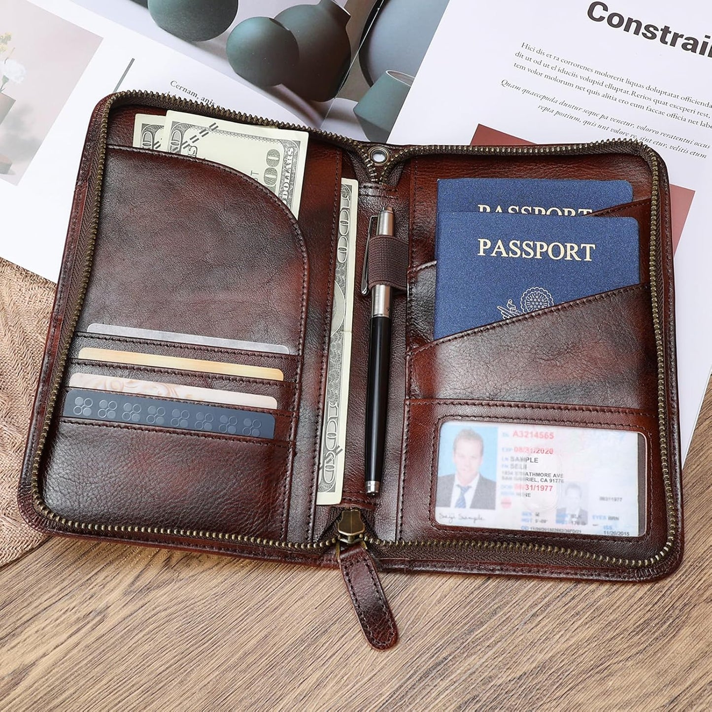 Polare Full Grain Leather Passport Holder With YKK Zipper RFID Blocking Travel Document Organizer Ticket Holder Cover Case Holds 2 Passports (Coffee)