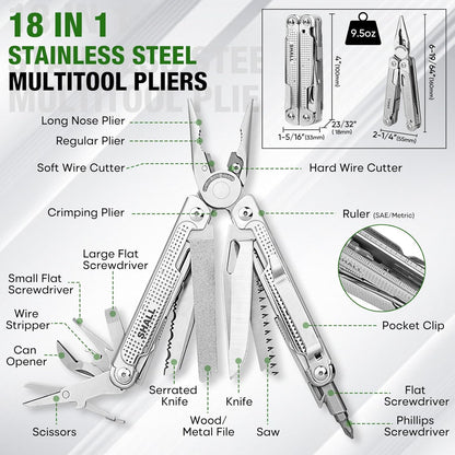 SHALL Multi Tool, 18-in-1 Multitool Pliers, Stainless Steel Multi-tool Pocket Knife w/Screwdriver Bit, Self-locking Multipurpose Tool w/Sheath for Camping Fishing Survival Hunting