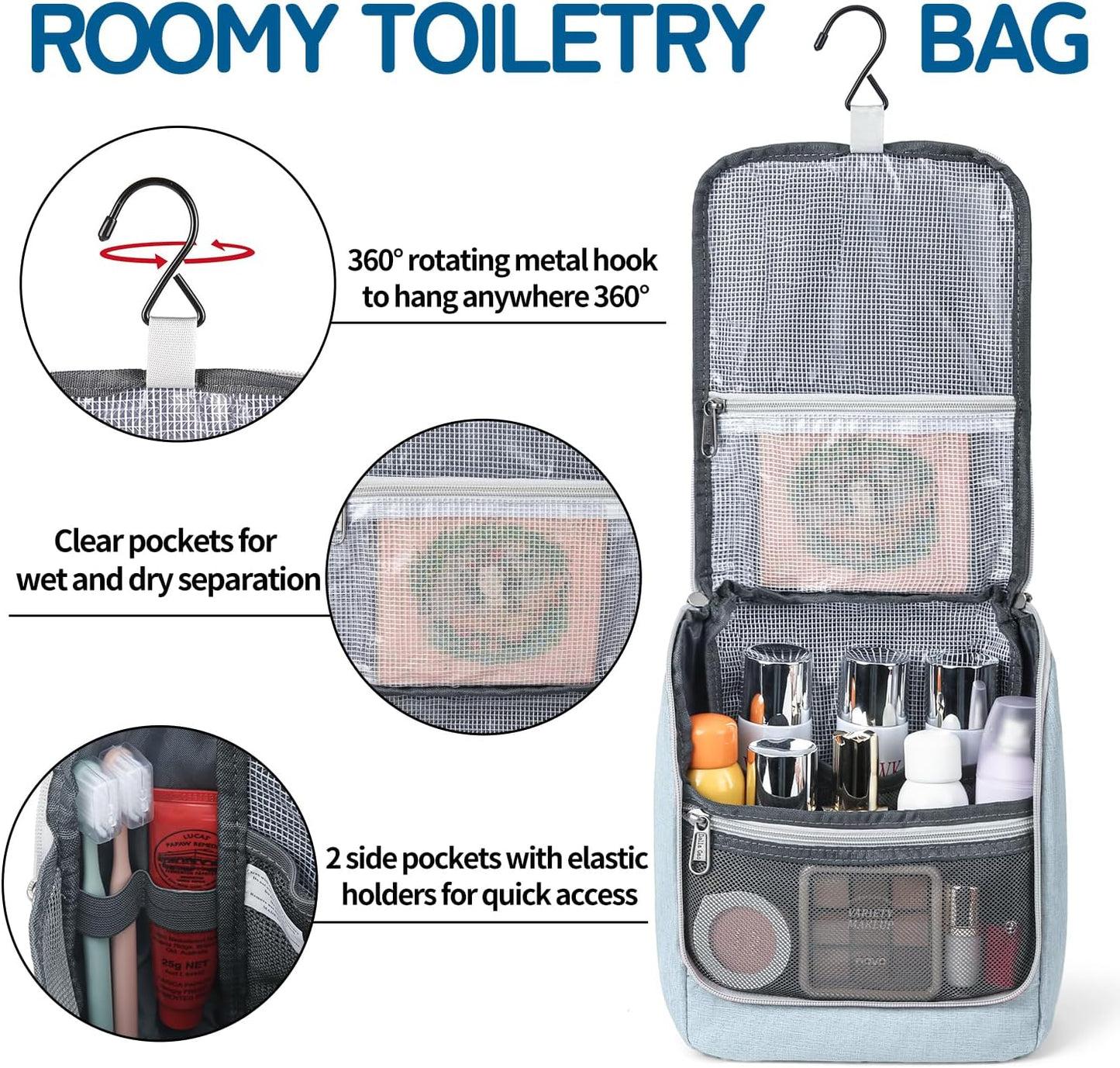 Della Gao Travel Toiletry Bag, Hanging Toiletry Bag for Men and Women, Water-resistant Makeup Bag Cosmetic Toiletries Organizer, Bathroom Bag, Sturdy Nylon, Light Blue