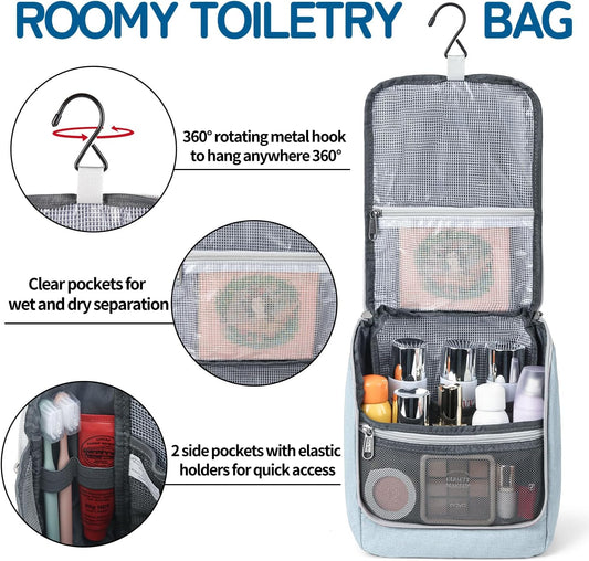 Della Gao Travel Toiletry Bag, Hanging Toiletry Bag for Men and Women, Water-resistant Makeup Bag Cosmetic Toiletries Organizer, Bathroom Bag, Sturdy Nylon, Light Blue