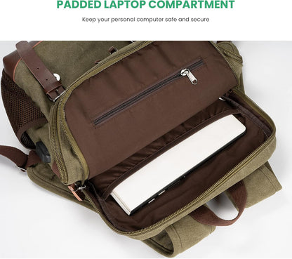 Modoker Vintage Backpack for Men Women, Canvas Bookpack Fits Most 15.6 Inches Computer and Tablets, Rucksack Backpack with USB Charging Port, Army Green