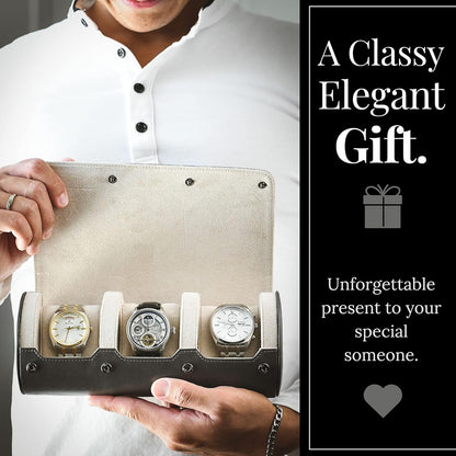 Watch Travel Case for Men - Mirage Watch Roll Storage and Display 3 slots - Slate Grey/Ivory White Interior Vegan Leather