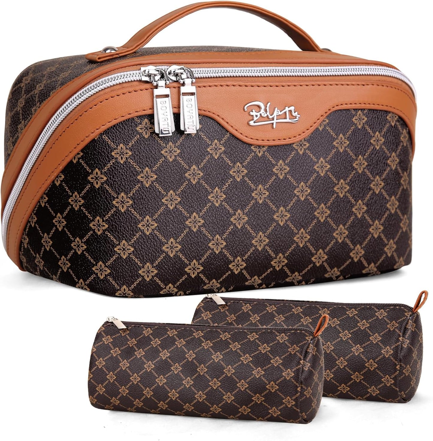 BOYATU Travel Makeup Bag Cosmetic Bags for Women: 3 Pcs Set Large Portable Make up Bag with Handle - Vegan Leather Toiletry Bags with Compartments - Makeup Organizer for Travel Essentials(01-Coffee)