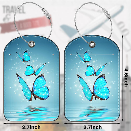 2 Pack PU Luggage Tags for Suitcase, Blue Butterfly On Water Suitcase Tag Leather ID Label Bag Tags with Privacy Cover and Metal Loop for Men Women Travel Bag