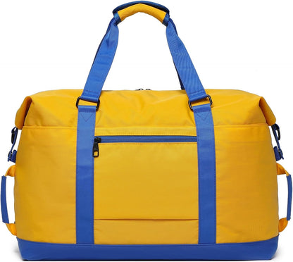 SUNNY BIRD Duffel with Utility Pouch, 40L Weekender Overnight Bag with Shoe Compartment for Travel and Sports (Yellow and blue)