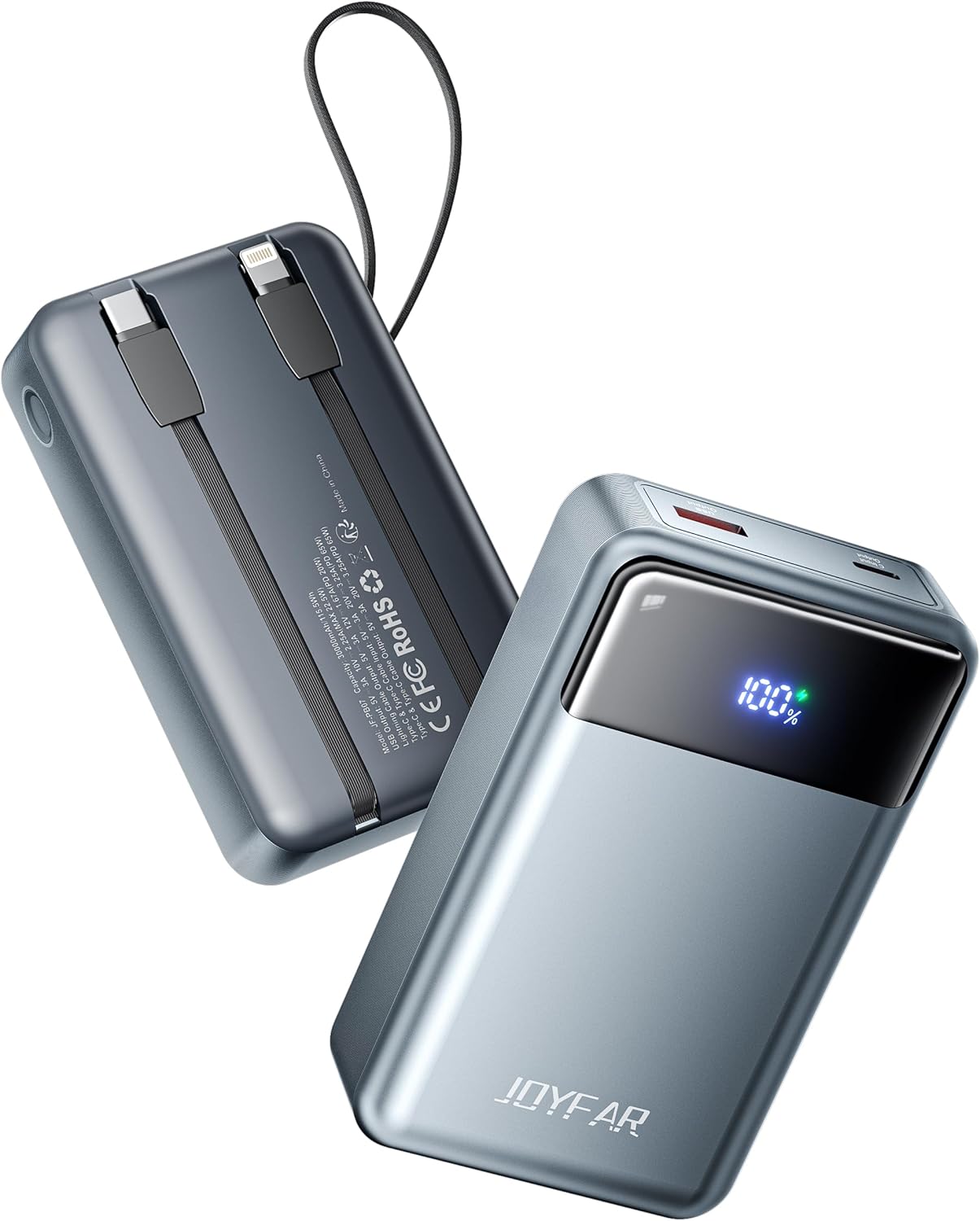 Portable Charger Power Bank - 30000mAh 65W Laptop Travel Essentials Battery Pack USB C Built in Cable Phone Fast Charging Compatible with iPhone 16 15 14 13 iPad MacBook Samsung Google (Grey)